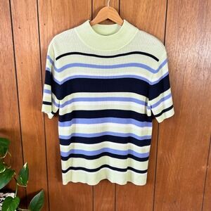 Croft & Barrow Womens Large Green Blue Striped Ribbed Mock Neck Knit Sweater Top